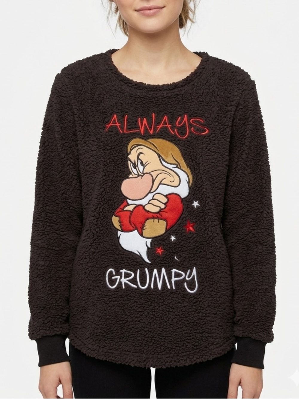 Disney Always Grumpy Snow White Seven Dwarfs Black Fuzzy Sweater Womens Sz Small